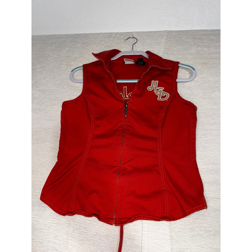 Harley Davidson Womens Red Sleeveless Zip Front Top Lace Up Back y2kStudded Logo
